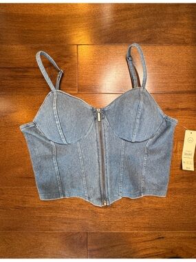 NWT NO BOUNDARIES Denim Zip-Front Bustier Crop Top - Blue